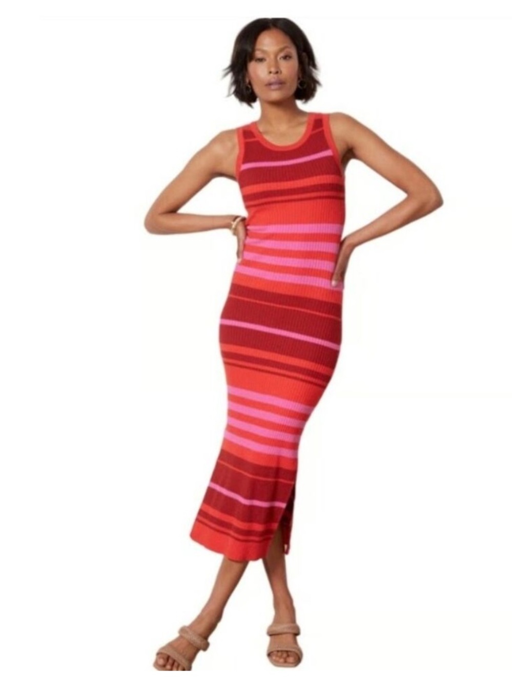Evereve Abbie Knit Midi Striped Pink Red Sweater Dress Sleeveless Bodycon Sz XS